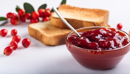 Wall Mural - fresh homemade jam made of patagonian calafate berries lat berberis heterophylla served in bowl on white wood toasted bread and raw berries in the back selective focus one third into t generative ai