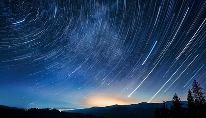 Sticker - mesmerizing background of meteor shower illuminating night sky capturing magical essence of starlit journey abstract portrayal features brilliant streaks of light against deep blue and black canvas