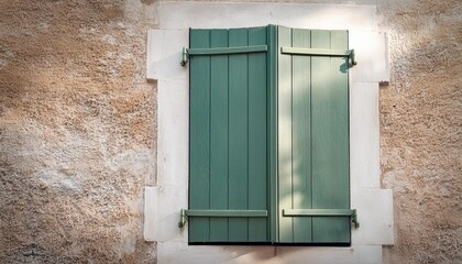 Wall Mural - window with light green shutters on aged and textured stucco wall southern france slightly opened