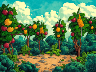 Wall Mural - A cartoon drawing of a forest with trees full of fruit. Scene is cheerful and lively, with the abundance of fruit creating a sense of abundance and prosperity