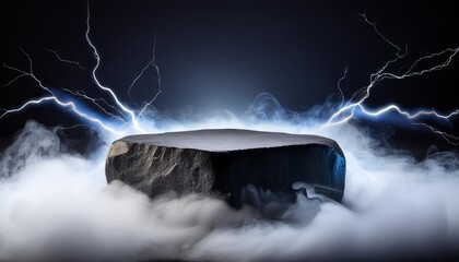 Canvas Print - mysterious black stone podium in a cloud of electrical discharges ai tools generated image