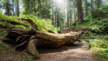 old fallen sawn tree on a path in the forest