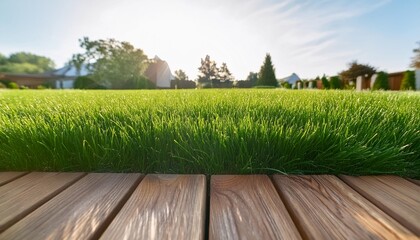 Poster - low angle perspective of lush green lawn with wooden edging highlights grass texture creates tranquil atmosphere in well kept outdoor space