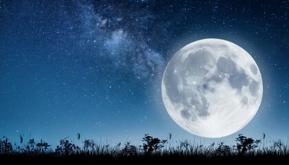 Wall Mural - full moon at night with stars with silhouette glass lawn full moon background