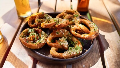 wide shot of pretzel bites for happy hour appetizer at bar covered in everything seasoning