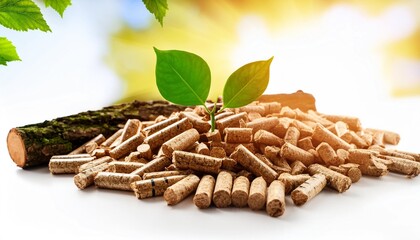 wood pellets with leaf and tree trunks