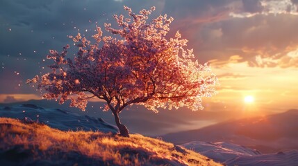 Canvas Print - cherry tree in full bloom on the hill in the sunset