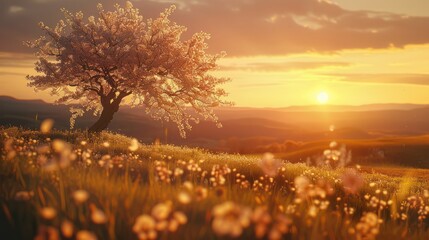 Canvas Print - cherry tree in full bloom on the hill in the sunset