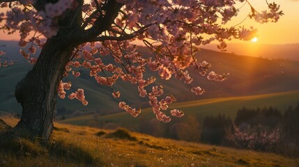 Sticker - cherry tree in full bloom on the hill in the sunset