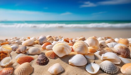 Poster - vacation summer holiday travel tropical ocean sea panorama landscape close up of many seashells sea shell on the sandy beach with ocean in the background