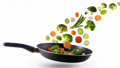 vegetables fall into a black frying pan on a transparent background healthy food concept