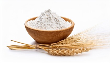 wheat flour in wooden bowl and ears isolated on white