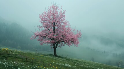 Canvas Print - cherry tree in full bloom on the hill on a raining day