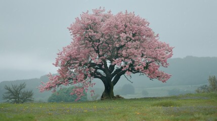 Sticker - cherry tree in full bloom on the hill on a raining day