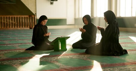 Wall Mural - Muslim woman, praise and dua with group in mosque for teaching, learning or knowledge on god, creator or Allah. Female person or religious people praying in islam for commitment, faith or blessings