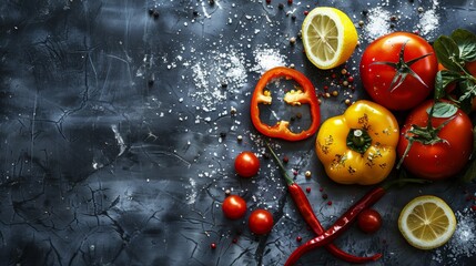 Wall Mural - Fresh vegetables and spices on a dark rustic surface