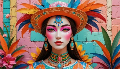 Wall Mural - Beautiful Woman in Colorful Costume with Feathers and Jewelry