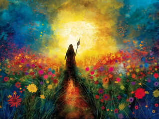 Wall Mural - A woman is walking through a field of flowers with a stick in her hand. The scene is filled with vibrant colors and a sense of peace and tranquility