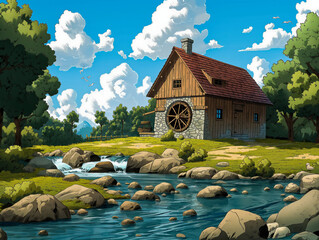 Wall Mural - A house with a water wheel in front of it. The house is surrounded by trees and rocks