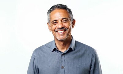 Wall Mural - Portrait of handsome mature man looking at camera and smiling while standing against white background