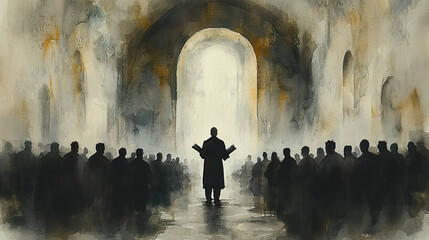 Wall Mural - A preacher leads a congregation in a church, standing in the light of a doorway, their backs turned to the viewer. Generated by AI.