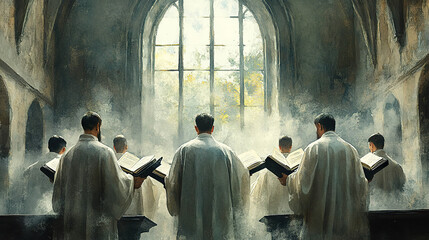 Wall Mural - A group of men in white robes sing hymns inside a church with a large window. Generated by AI.