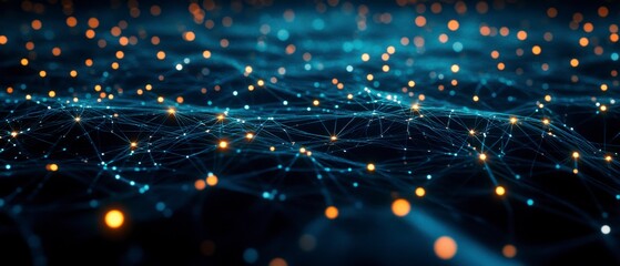 an abstract representation of a cybersecurity network: glowing nodes and lines in a dark digital env