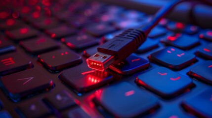 Poster - Closeup of USB cable on computer keyboard with red and blue lighting. Futuristic and tech-inspired style. Ideal for technology themes, IT, or gaming-related content. High contrast image. AI