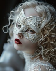 Portrait of a beautiful blonde hair pale skin girl in a carnival mask.