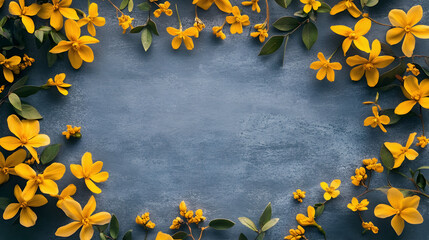 Wall Mural - Flowers composition Frame made of yellow flowers on gray background Flat lay top view square copy space : Generative AI