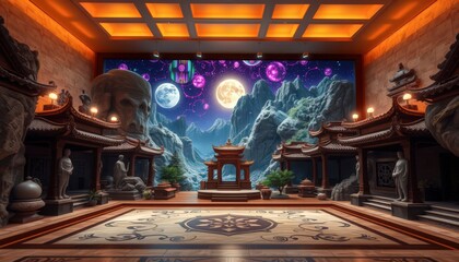 Mystical Chinese Temple Interior with Moonlit Mountain View.