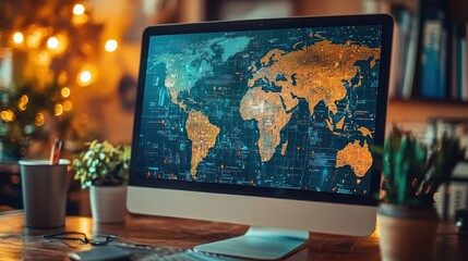 Poster - World Map Displayed on a Computer Monitor in an Office Setting