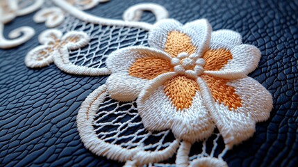 Wall Mural - Close-up of intricate embroidery featuring a beautiful flower design on textured leather fabric.