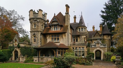 Sticker - Explore the neo-Gothic elements of a castle-inspired house in the UK.