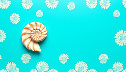 Poster - Nautilus Shell with Flower Pattern on Blue Background.