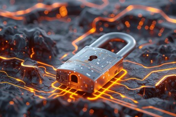 Poster - A padlock with glowing neon lights circuitry with cyber security concept.