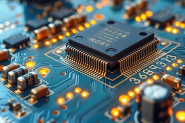 Poster - Close-up of a Circuit Board with a Microchip and Luminous Components