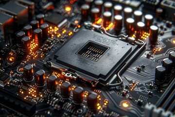 Poster - Close-up of a CPU Socket on a Motherboard with Glowing Components