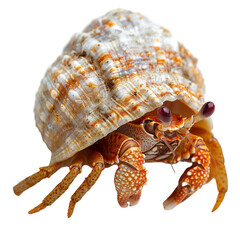 A hermit crab with a brown shell is looking forward