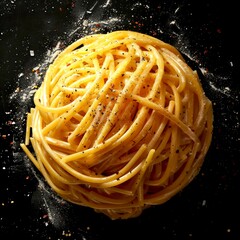 Wall Mural - Delicious and simple food concept. Close-up of a fresh, appetizing pasta dish with a globe shape on a dark surface. Perfect for healthy eating or cooking themes in culinary photography. AI