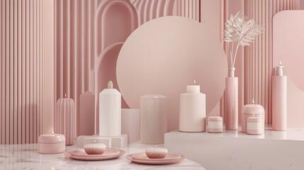 Wall Mural - Pastel pink candles and decor in a soft minimalist setting