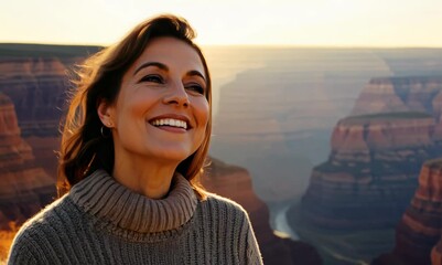 Sticker - Close-up portrait video of a satisfied woman in her 40s wearing a chic cardigan against a canyon or desert landscape background