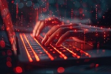Poster - Hands Typing on a Laptop Keyboard with Red Glowing Lights