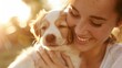 © LifeMedia - A woman holding her small dog in a warmly lit outdoor scene, capturing a tender moment filled with love, affection, and mutual comfort against a radiant sunlit backdrop.