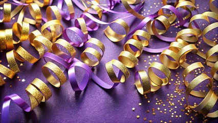 Decorative purple and golden streamer ribbons for festive celebration background , celebration, decoration, party, shiny