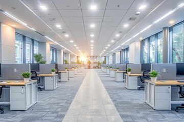 Poster - Modern office interior with workstations, cubicles and natural light.