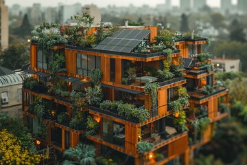 Modern Wooden Apartment Building with Lush Greenery and Solar Panels