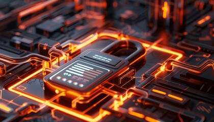 Poster - A padlock with glowing neon lights circuitry with cyber security concept.