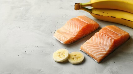 Canvas Print - Fresh salmon fillets and sliced banana beside bunch of bananas on light-colored surface