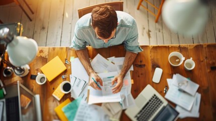 A man intensely working at a cluttered wooden desk filled with documents, notebooks, coffee cups, and a laptop, demonstrating productivity and focus in a bright setting.